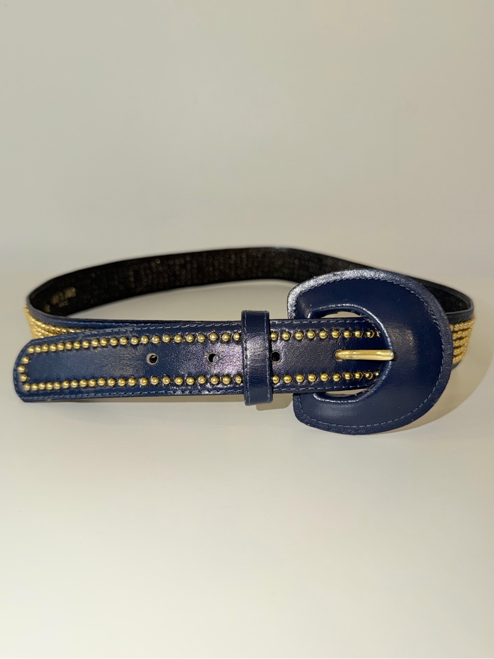 Navy Blue & Gold-Tone Studded Genuine Leather Belt, Sz Medium